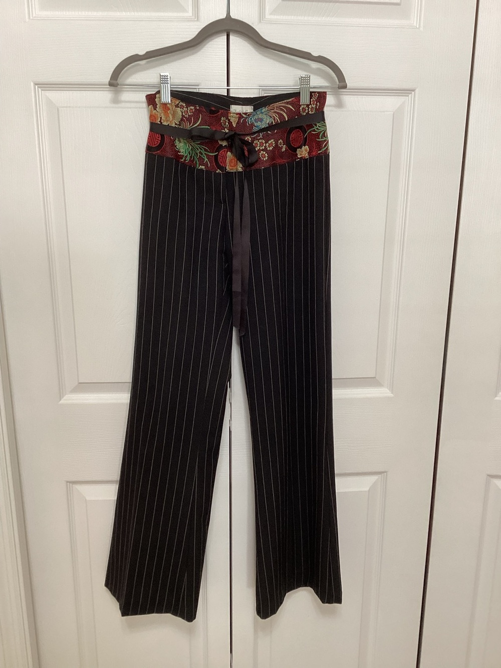 Charlotte Russe Black Pinstripe Wide-Leg Pants with Red Floral Waistband